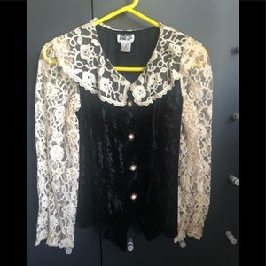 Girls dressy pants jacket. Black velvet and ivory lace.